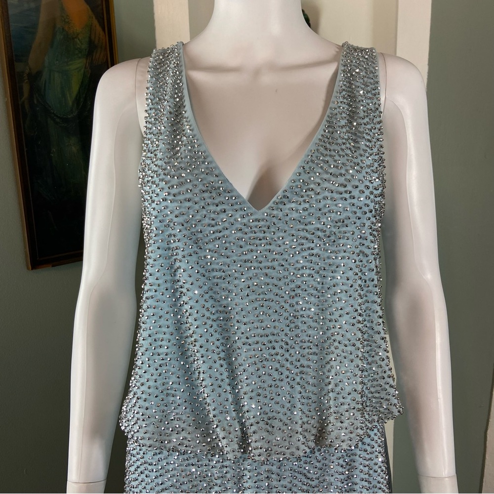 Xscape Light Blue Silver Metallic Beaded Cocktail Mini Dress Draped Size 10 - Picture 7 of 15